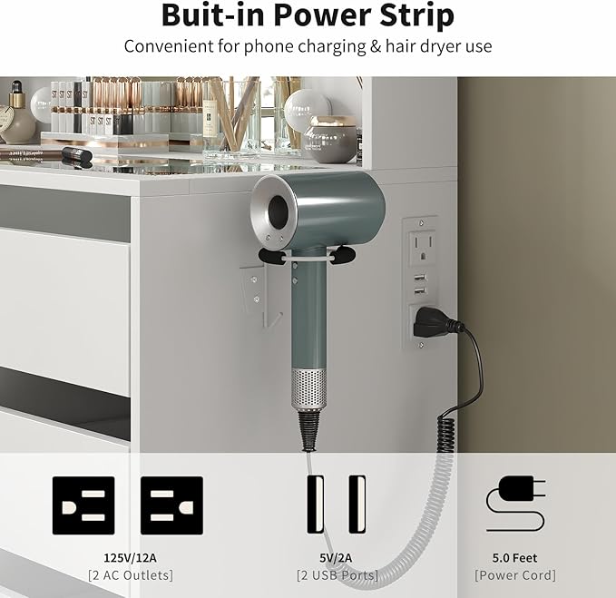 Vanity Desk with Mirror and Lights, 37" Makeup Vanity Desk with Lights 3 Colors, Glass Top Vanity with 5 RGB Drawers, 6 Shelves, Power Outlet, Chair, Dressing Table for Bedroom, White