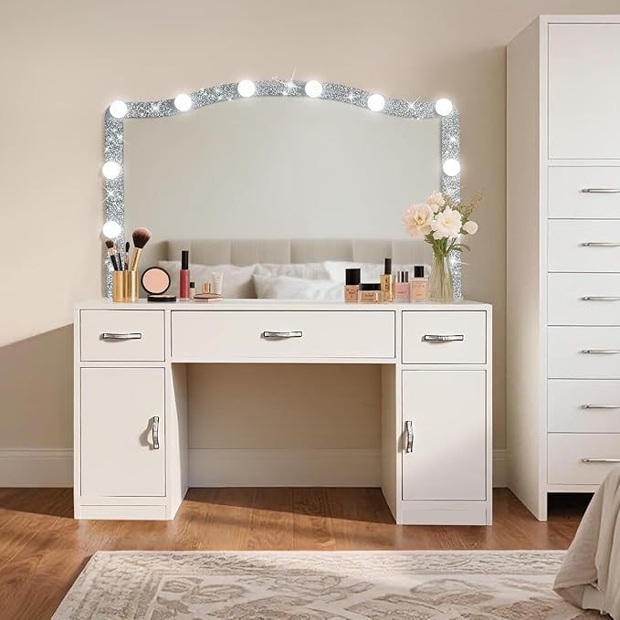 Vanity Desk with Mirror and Lights, Diamond Vanity Mirror with Lights, Makeup Table with Drawers, Cabinets and Power Outlet, 10 Lights 3 Color Lighting Modes, Adjustable Brightness, White