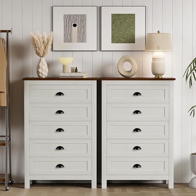 Farmhouse 5 Drawer Dresser for Bedroom, 47" Tall Dresser with Rustic Wood Top, Modern Chest of Drawers Organizer for Bedroom, Closet, Living Room, Entryway, Hallway