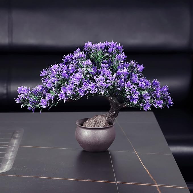 Artificial Bonsai Tree - Fake Plants for Home Decor, Bookshelf Coffee Table Office Desk Bathroom Farmhouse Indoor Decor, 9.5" Tall, Purple