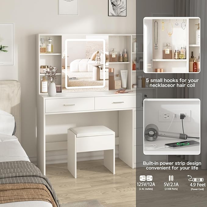Fameill Vanity Desk with Mirror and Lights, Makeup Vanity with 5 Drawers, Makeup Desk with Charging Station and Ample Storage, Dressing Table with Chair for Bedroom Room (White)