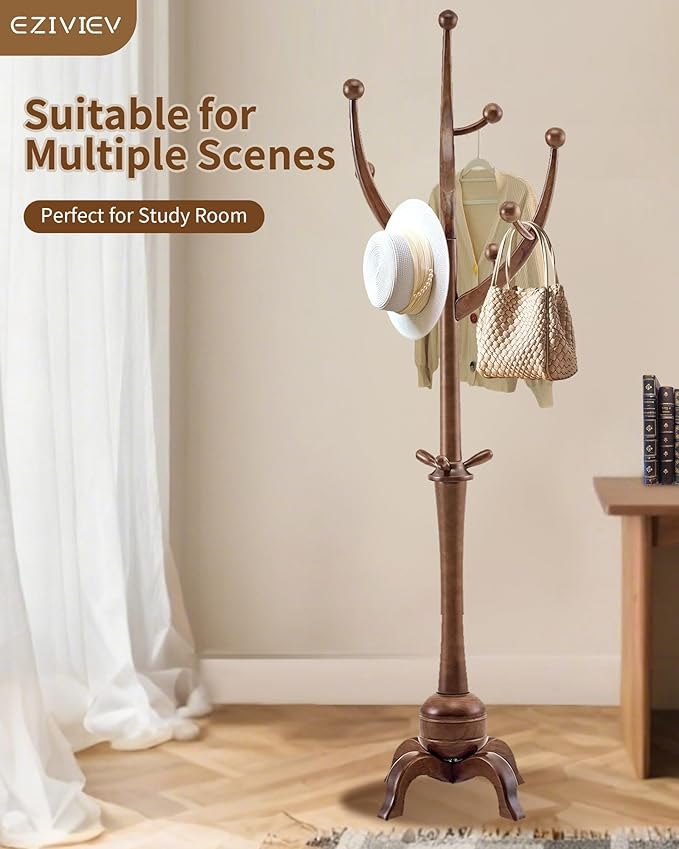 EZIVIEZ Wooden Coat Rack Stand, Solid Wood Freestanding Coat Rack with 11 Hooks, Creative Design Tree Branch-look Coat Racks,Walnut Brown Standing Coat Hanger Jacket Tree Stand for Office, Entryway