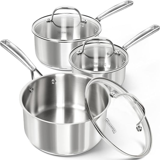 MICHELANGELO Stainless Steel Saucepan Set with Lid, Premium Triply Stainless Steel Sauce Pan with Cool Handle, Nonstick Sauce Pot Set for Kitchen Cooking, Induction Compatible, 1QT & 2QT & 3QT