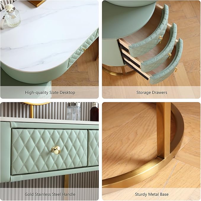 Faux Leather Makeup Vanity Desk Set with LED Lighted Mirror Luxury Dressing Makeup Table with Storage Drawers & Vanity Stool, Green