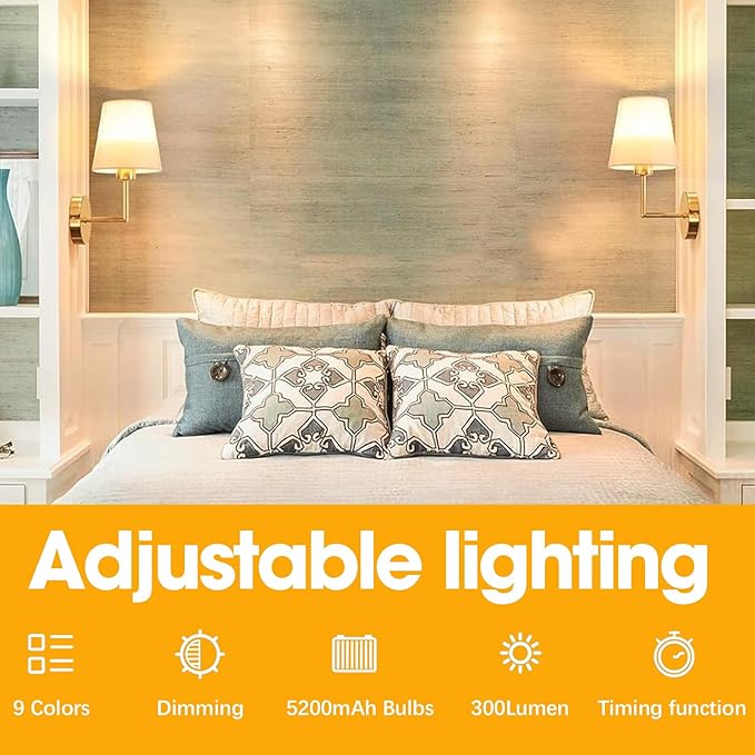 JKEYES Battery Operated Wall Sconce Set of 2, Gold Cordless Wall Lights with 5200mAh Dimmable Detachable Rechargeable Bulbs, 12 Colors Sconces Wall Decor for Bedroom Living Room Hallway