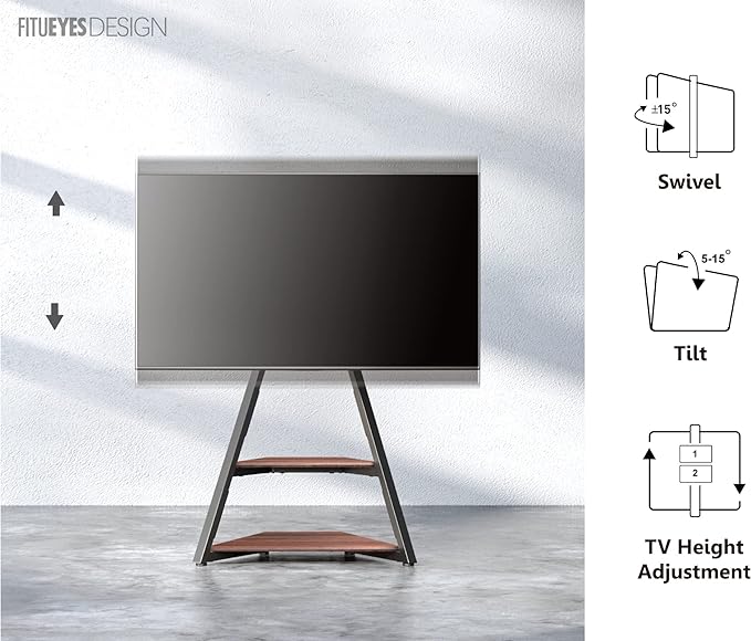 FITUEYES Design Corner TV Stand for 32 43 50 55 65 Inch TVs, Small Spaces Floor TV Stand Rolling TV Cart for LCD/LED Flat Curved Screens, Modern Living Room Television Stands, Eiffel Series, Walnut