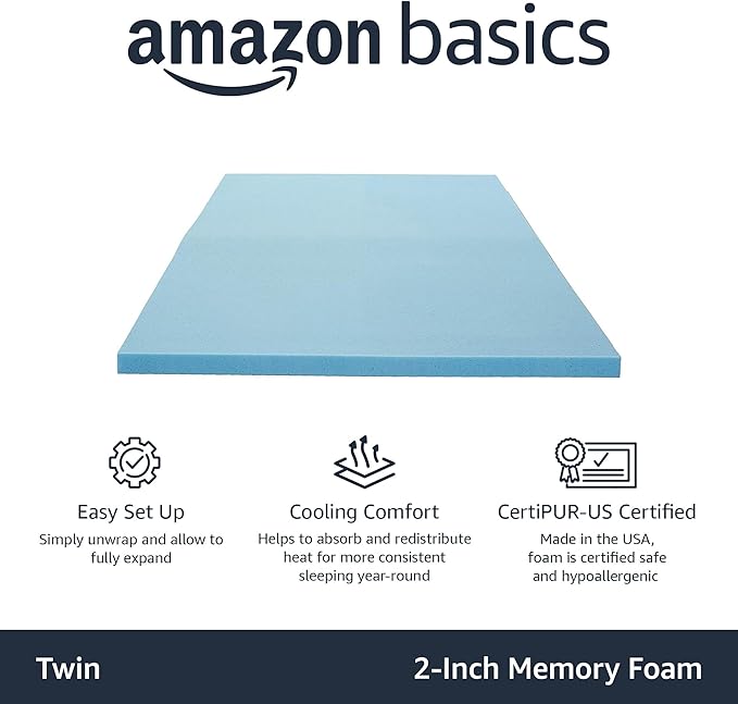 Amazon Basics Twin Mattress Topper, Cooling Gel-Infused, CertiPUR-US Certified, 2 Inches, Blue
