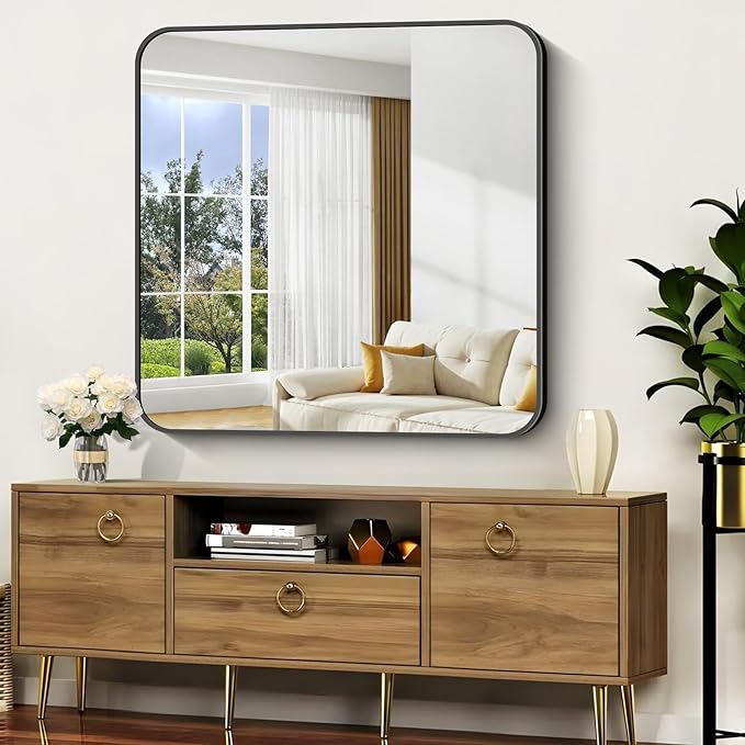 Bathroom Mirror, 42x42 inch Black Square Wall Mirror, Rounded Corner Aluminum Metal Frame Vanity Mirror, Large Wall Mounted Mirrors for Over Sink Bedroom Living Room Entryway