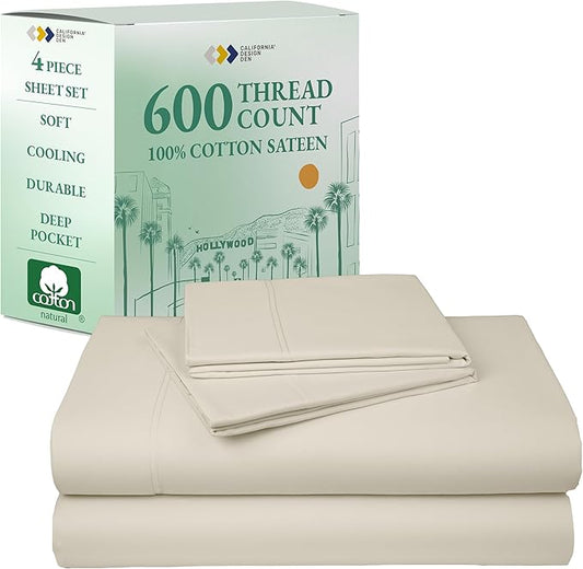California Design Den - Luxury Full Size Sheet Set - 100% Cotton, 600 Thread Count Deep Pocket Full Size Bed Sheets, Cooling Hotel-Quality Sheets with Sateen Weave - Creamy Beige