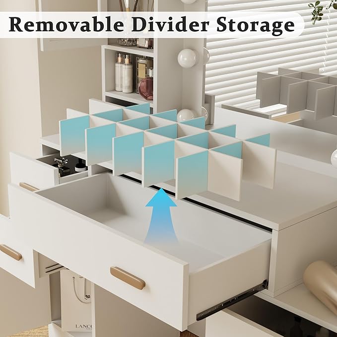 48.8" Makeup Vanity, Large Vanity Desk with Mirror and Lights, Makeup Desk with Charging Station, Vanity Dresser with 7 Drawers for Bedroom Dressing Room, for Women, Girls, Teens, White