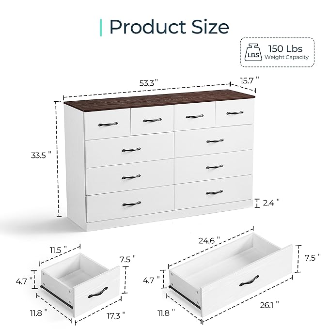 LINSY HOME 10 Drawer Dresser for Bedroom, 54" Wide Chest of Drawers, Modern TV Stand Dressers with Wood Frame and Metal Handles, Large Drawer Organizer for Bedroom, Living Room, White