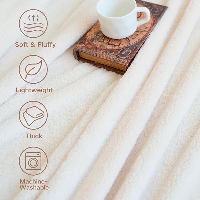 Sherpa Throw Blanket for Bed, Super Soft Cozy Fuzzy Plush Blankets for Winter, Reversible Thick Warm Blanket for Bed, Couch, Living Room, White, Queen Size 90"x 90"