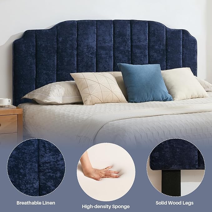 King Size Headboard Dark Blue Upholstered Headboard Adjustable Height&Width Chenille Headboards Modern Vertical Channel Design Bed Head Board, Dark Blue