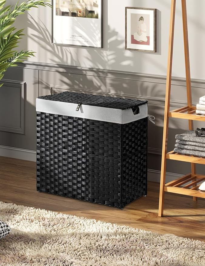Greenstell Laundry Hamper with lid, No Install Needed, 110L Wicker Laundry Baskets Foldable 2 Removable Liner Bags, 2 Section Clothes Hamper Handwoven Rattan Laundry Basket with Handle, Black