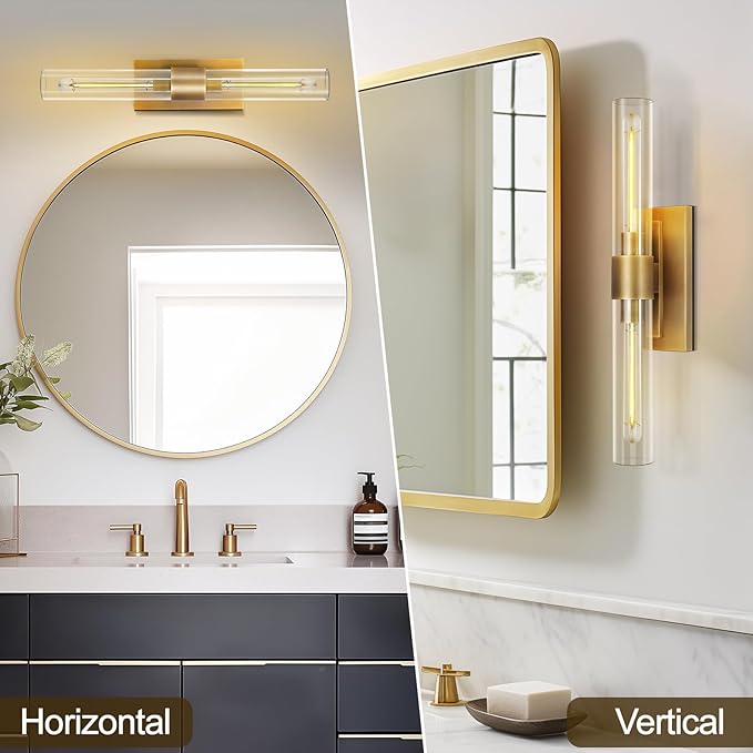 Brass Bathroom Vanity Wall Sconces, 2-Light Glass Tube Wall Sconces, 24 Inch Horizontal or Vertical Linear Wall Sconces,Gold Vanity Light, Indoor Wall Sconces, E26 Bulb Included