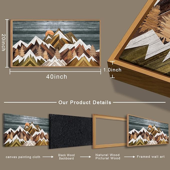 BINCUE Boho Mountain Wall Art Framed Mountain Landscape Canvas Artwork for Living Room Bedroom Bathroom Office 20x40 Inch