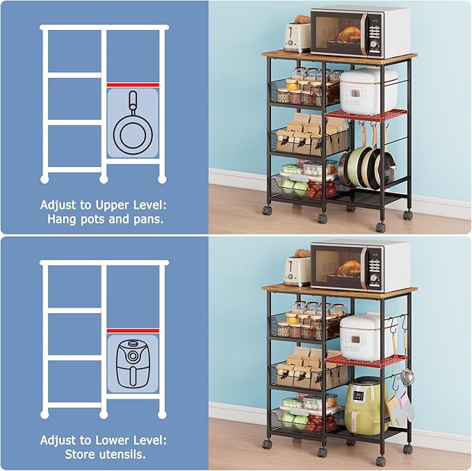 Rolling Kitchen Storage Microwave Cart, Kitchen Island with Adjustable Shelf on Lockable Wheels, Countertop 27.75"L × 15.35"W, Bakers Rack with Tilt-Out Baskets, for Kitchen, Coffee Bar, Living room