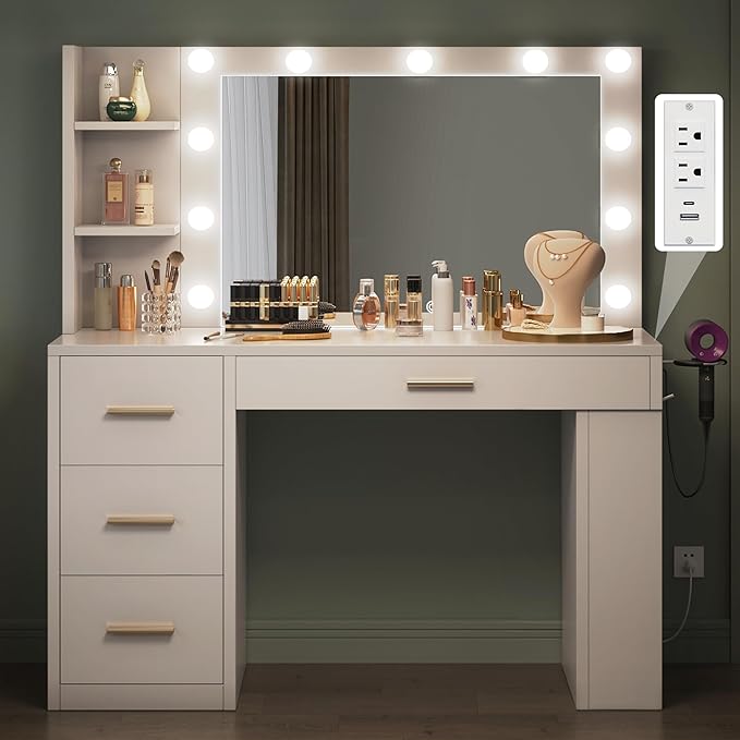 YITAHOME Vanity Desk with Mirror and Lights, Makeup Table with Charging Station, Large Vanity Set with 4 Drawers, Cute Makeup Desk with 6 Storage Shelves, White