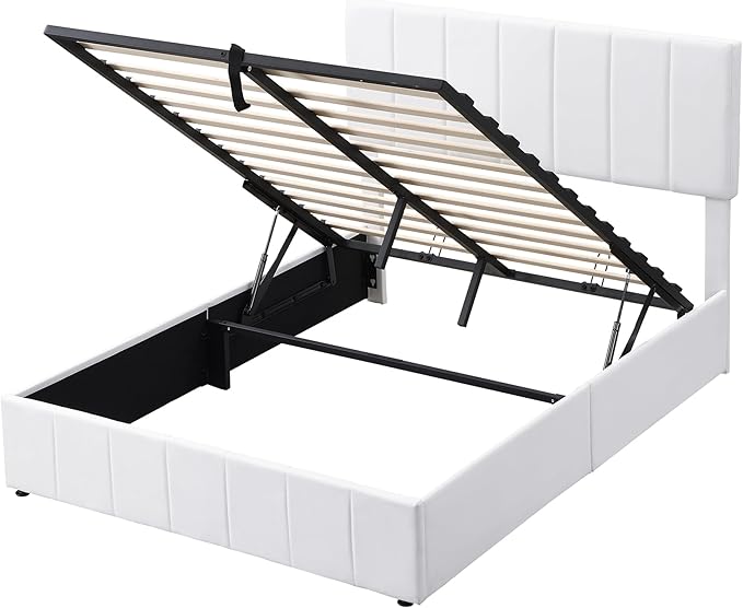 Full Size Bed Frame with Headboard, Elegant Linen Upholstered Platform Bed with a Hydraulic Storage System, Linen Fabric Backrest and Pine Wood Slats, No Box Spring Needed, White
