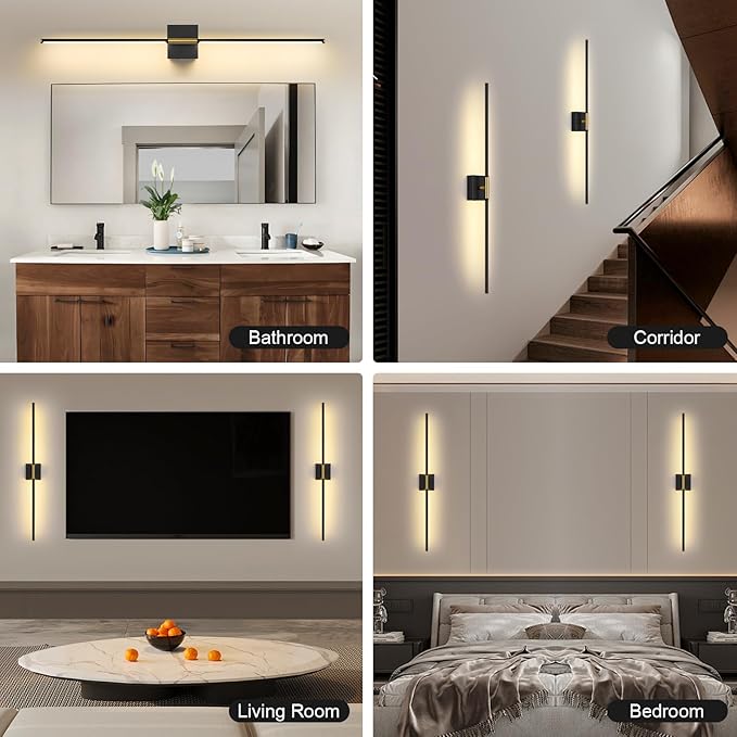 Battery Operated Wall Sconce Set of Two with Remote Control, 3000K-6000K Dimmable Black Gold Wall Lights, Timable LED Wireless Wall Sconces, 350° Ratate for Bathroom, Living Room, 39.4 Inch
