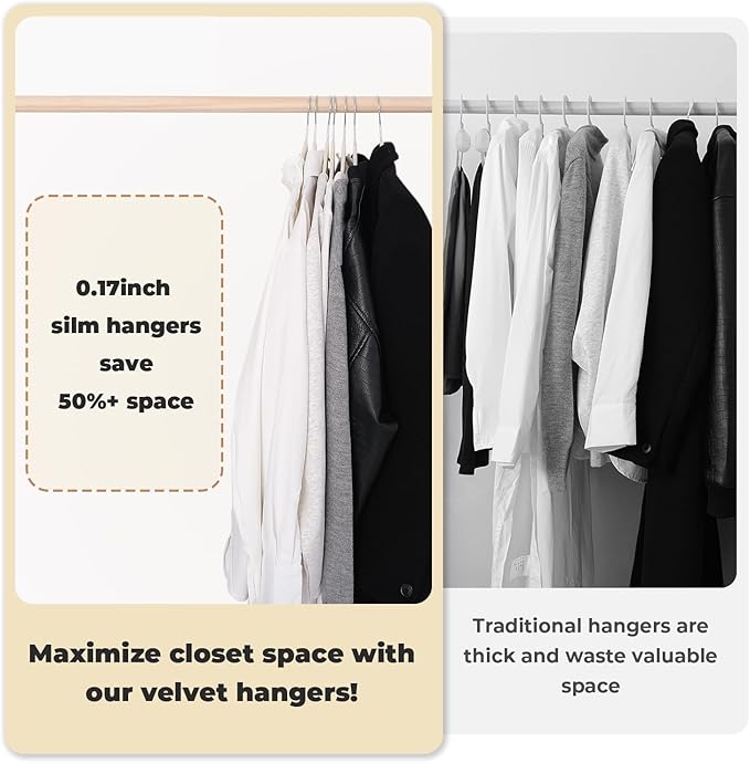 Ivory Velvet Hangers 50 Pack, Felt Covered Non Slip Fabric with Stackable Cascading Hook, Ultra Thin and Space Saving with 360° Swivel Neck, 15Lbs Capacity for Clothes, Suit, Shirt, Coat