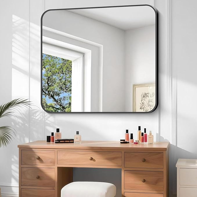 Bathroom Mirror, 48 x 40 inch Black Rectangle Wall Mirror, Metal Frame Rectangular Vanity Mirror, Rounded Corner Wall Mounted Mirror for Modern Bedroom Living Room Hangs Horizontal/Vertical
