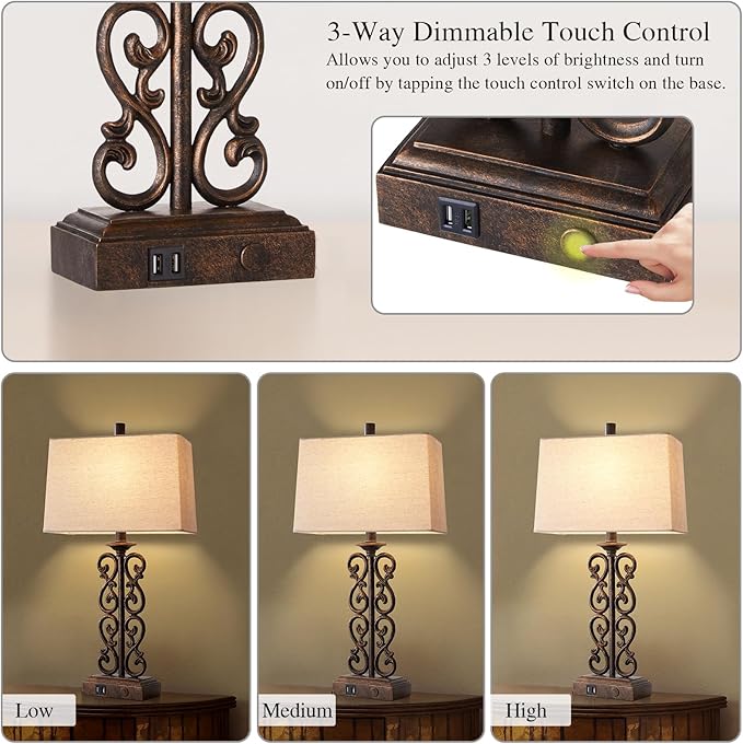 Set of 2 Farmhouse Touch Table Lamps for Living Room, 3 Way Dimmable with Dual USB Ports Vintage Rustic Bedside Desk Lamp, for Bedroom End Table, 2 LED Bulbs Included (Bronze)
