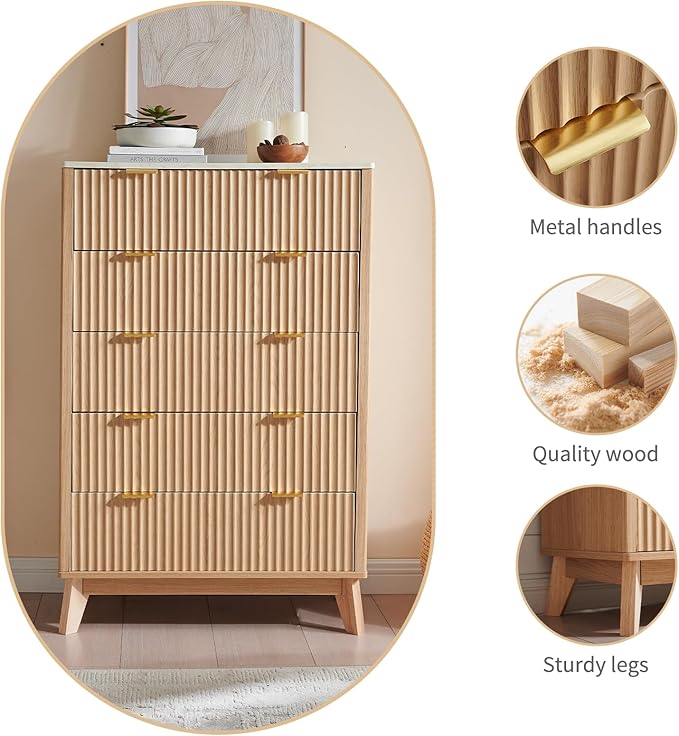 Fluted 5 Drawers Dresser for Bedroom, 48" Tall Modern Chest of Drawers with Metal Handle, Farmhouse Dresser TV Stand, Wood Drawer Organizer for Bedroom, Living Room, Hallway (Natural Oak)