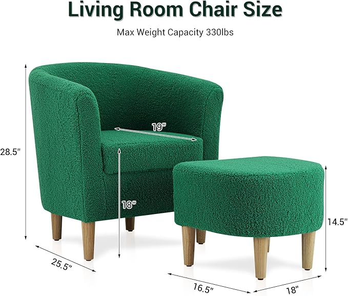DAZONE Sherpa Accent Chair with Ottoman, Forest Green Cozy Barrel Armchair for Adults, Upholstered Living Room Chair with Footrest, Small Space Reading Chair for Bedroom, Apartment, Home Office