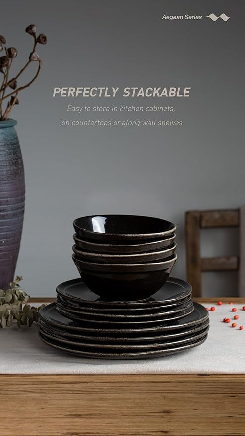 Famiware Aegean Dinnerware Set for 4, 12-Piece Plates and Bowls Sets, Stoneware Scratch Resistant Dinner Set, Handmade Irregular Round Dishes, Microwave and Dishwasher Safe, Black Coffee