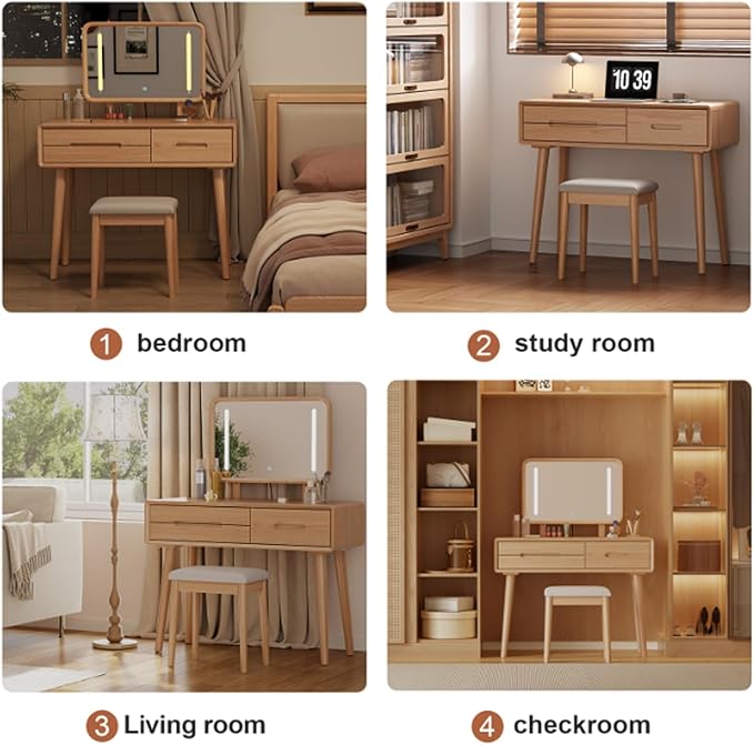 Soild Wood Vanity Table 38 IN with Light Mirror High Adjustable, Make Up Desk Large Dressing Table 3 Lighting Modes, Makeup Vanity 3 Drawer Dresser Vanity Table Wooden for Checkroom Apartment Bedroom