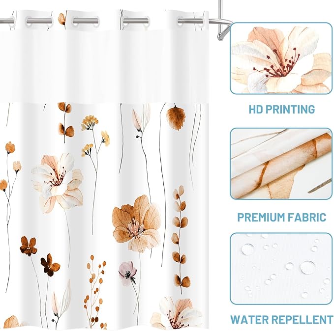 No Hook Shower Curtain with Snap in Liner - Floral Shower Curtain - Fabric Waterproof Inner Liner, Plants Watercolor Burnt-Orange Modern Cloth Shower Curtains - Machine Washable, 71 x 74