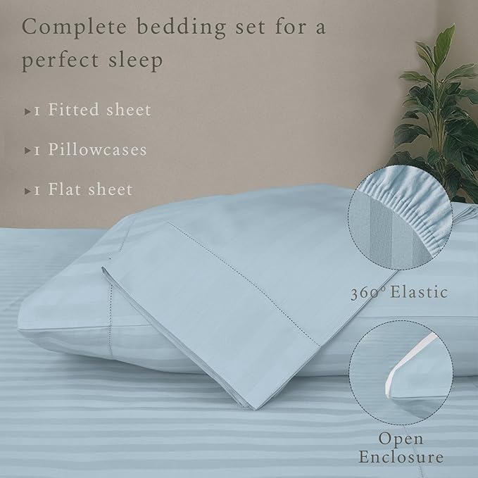 Threadmill 500 Thread Count Twin Size Damask Stripe, 3 Pc Luxury Cotton Bedding Set, Breathable Light Blue Sheets with 15" Elasticized Deep Pocket, 1 Pillowcase & Free Tote Bag