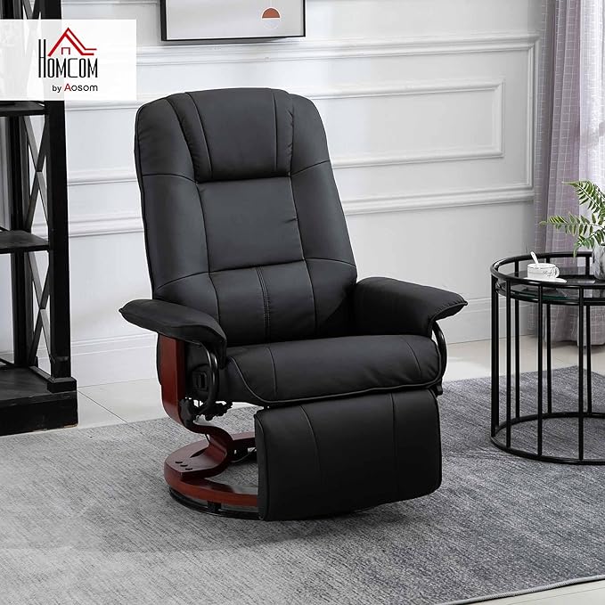 HOMCOM Faux Leather Manual Recliner, Adjustable Swivel Lounge Chair with Footrest, Armrest and Wrapped Wood Base for Living Room, Black