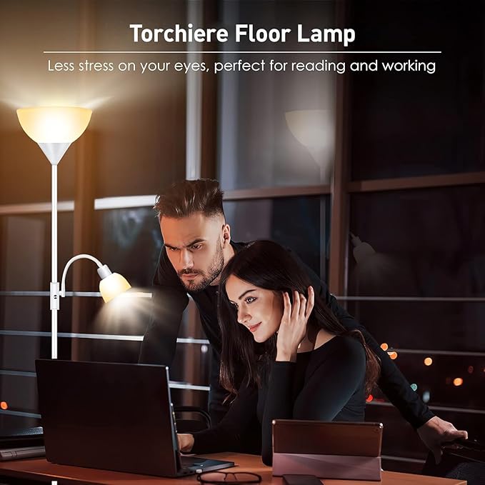 Floor Lamps for Living Room White, Standing Lamp, Torchiere Floor Lamps with Adjustable Reading Light, 71" Tall Pole Lamps, 3 Way Switch, Torch Corner Floor Lamp for Bedroom/Office(E26 Base, No Bulb)