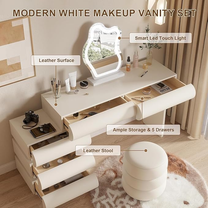 Makeup Vanity Desk with Lighted Mirror and Stool, Faux Leather Upholstered Finish, Modern Dressing Table with 5 Drawers for Bedroom and Makeup Room, Easy Assembly, White