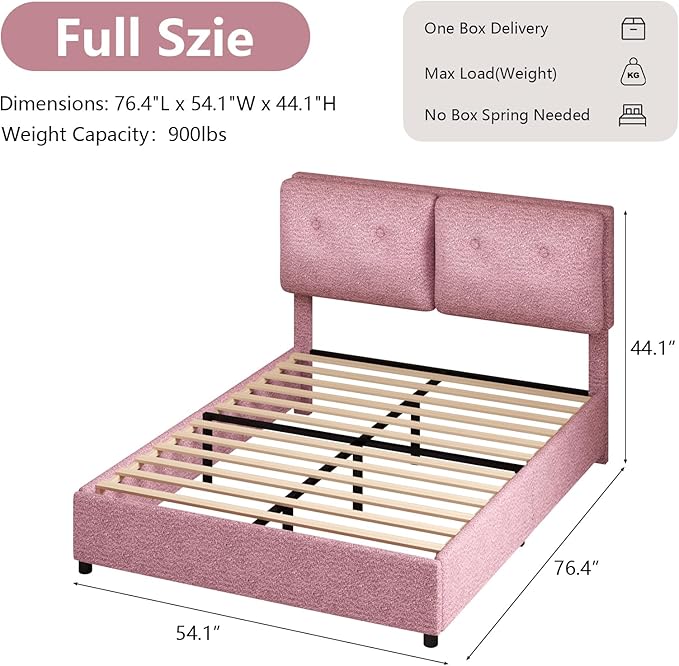 Full Bed Frames,Breathable Boucle Fabric Upholstered Bed Frame with Headboard,Removable and Washable,Wood Slat Support,No Box Spring Needed,Easy Assembly,Pink