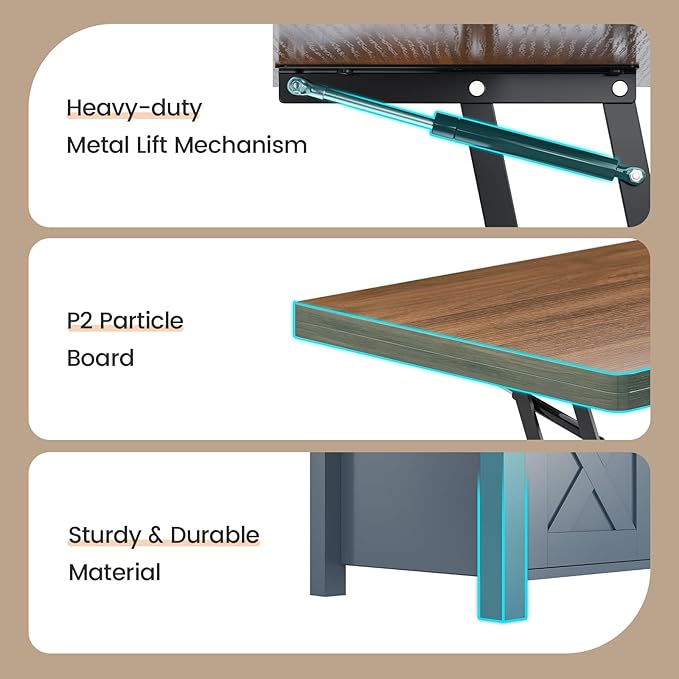 SEDETA Lift Top Coffee Table, 4 in 1 Multi-Function Convertible Coffee Tables with Storage and Hidden Compartment, Farmhouse Coffee Table Converts to Dining Table for Living Room, Blue