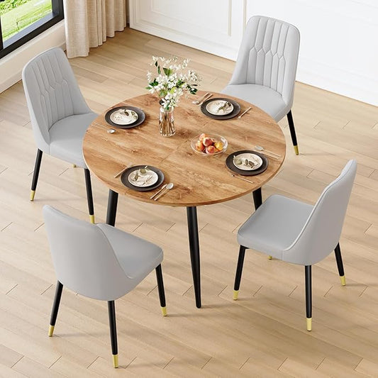 42"-54" Extendable Dining Table Set for 4, Round Dining Table Set for 4, 0.73" Thick Wood Tabletop with Smooth Edge, Black Metal Leg with Non-Slip Footmat, 4 Soft PU Chairs, for Kitchen, Small Space