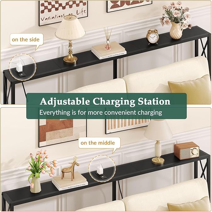 Console Table Narrow Long, Behind Couch Table with Oulets & USB Ports, Industrial Long Skinny Stand for Entryway,Hallway, Living Room, Bedroom Black, 7.9" D x 70" W x 24.8" H