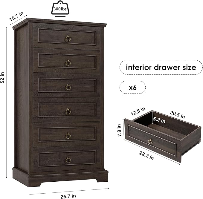 HOSTACK 6 Drawer Dresser for Bedroom, 52" Tall Dresser, Modern Farmhouse Vertical Chest of Drawers for Bedroom, Wooden Closet Chest, Wood Storage Cabinet for Living Room, Entryway, Dark Brown