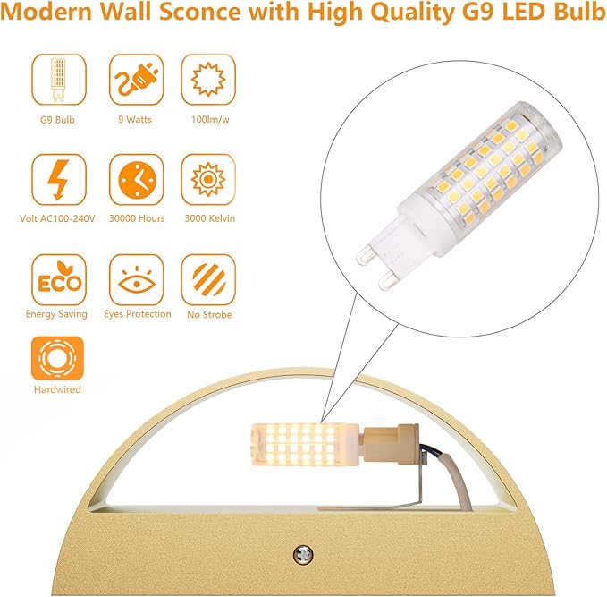 Aipsun Gold Wall Sconce Indoor Wall Lights Hardwired Set of 2 Up and Down Wall Mount Light for Living Room Bedroom Hallway Corridor Conservatory Warm White 3000K(with G9 Bulbs)
