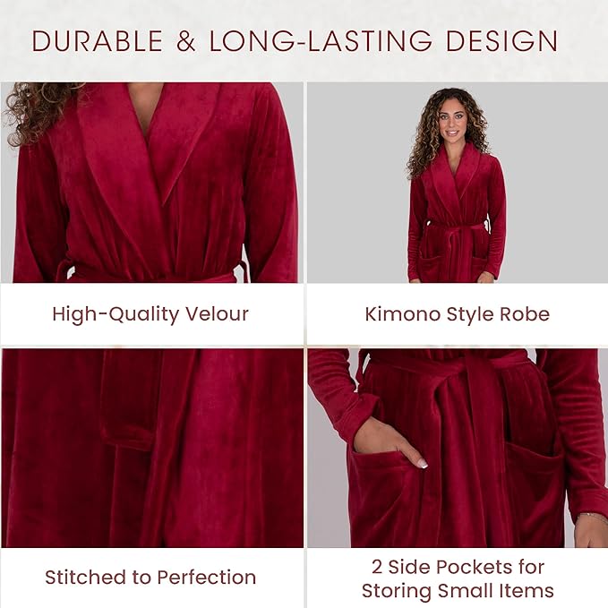 Be Relax Terry Velour Robe - Made of Polyester, Shawl Collar Robe with Belt & Side Pockets, Soft & Warm Bathrobe for Women