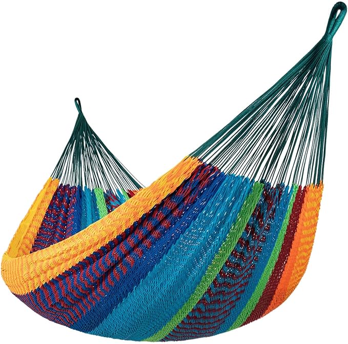 Lazy Daze Hammocks Handwoven Mayan Hammock, 10.5 FT Soft Rope Double Hammocks, Portable Outdoor Hammock with Carry Bag, 2 Straps & carabiners for Patio Outside, 550 lbs Weight Capacity, Multi Color