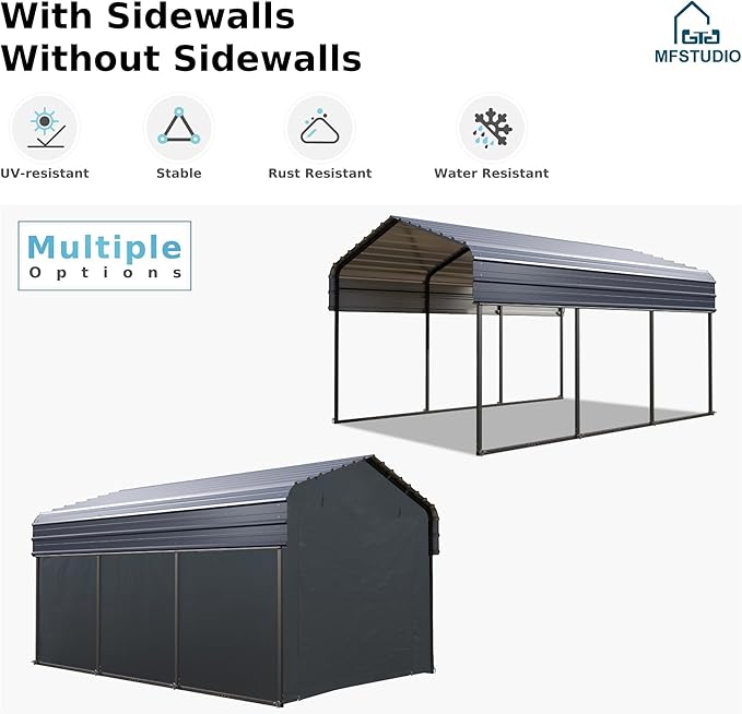 MFSTUDIO Carport 10x15 ft, Outdoor Heavy Duty Carports with Sidewalls, Metal Shed Canopy Shelters Garage Shelter Shade Car Ports with Galvanized Roof for Cars, Truck and Boats