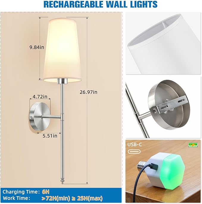 NIORSUN Brushed Nickel Battery Operated Wall Sconce Set of 2,Rechargeable Wall Lights with 5200mAh Dimmable Detachable Bulbs and Remote,9 Colors Wireless Sconces for Bedroom Living Room Hallway