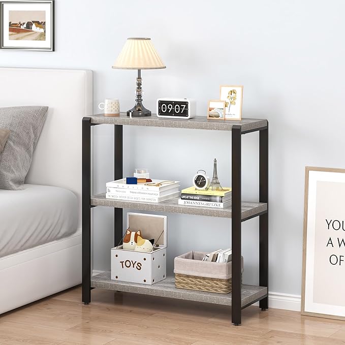 FOLUBAN 3 Tier Bookshelf, Industrial Wood and Metal Book Shelf and Bookcase, Short Book Case for Office Living Room Bedroom, Light Grey