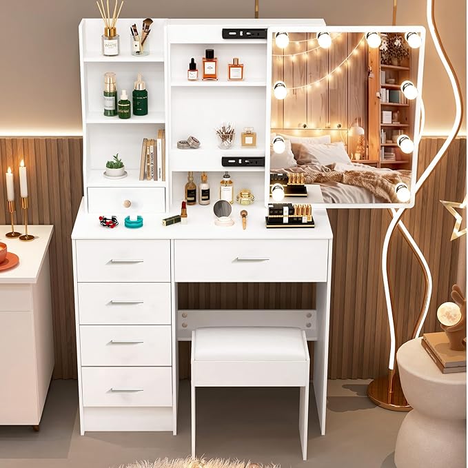 Makeup Vanity Desk with Mirror and Lights, Vanity Desk with 3 Color and Brightness Adjustable, European Style Dressing Table with 6 Drawers, Makeup Vanity with Stool for Bedroom