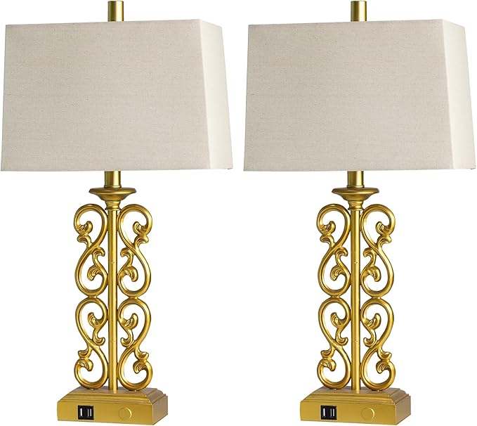 25" Modern Touch Resin Table Lamps Set of 2 for Living Room Bedroom, 3-Way Dimmable with Dual USB Ports, Vintage Nightstand Lamp for Home Office Hotel, 2 Bulbs Included (Gold)