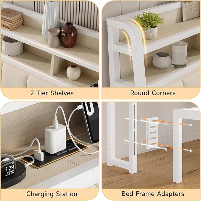 Ergonomic Headboard for Queen Size Bed with 2-Tier Storage, Upholstered Headboards with Outlets, USB Ports, LED Light, Queen Head Board Only, Height Adjustable, Sturdy and Stable, White